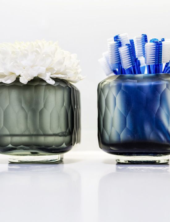 Zahnbürsten und Blumen in der Praxis